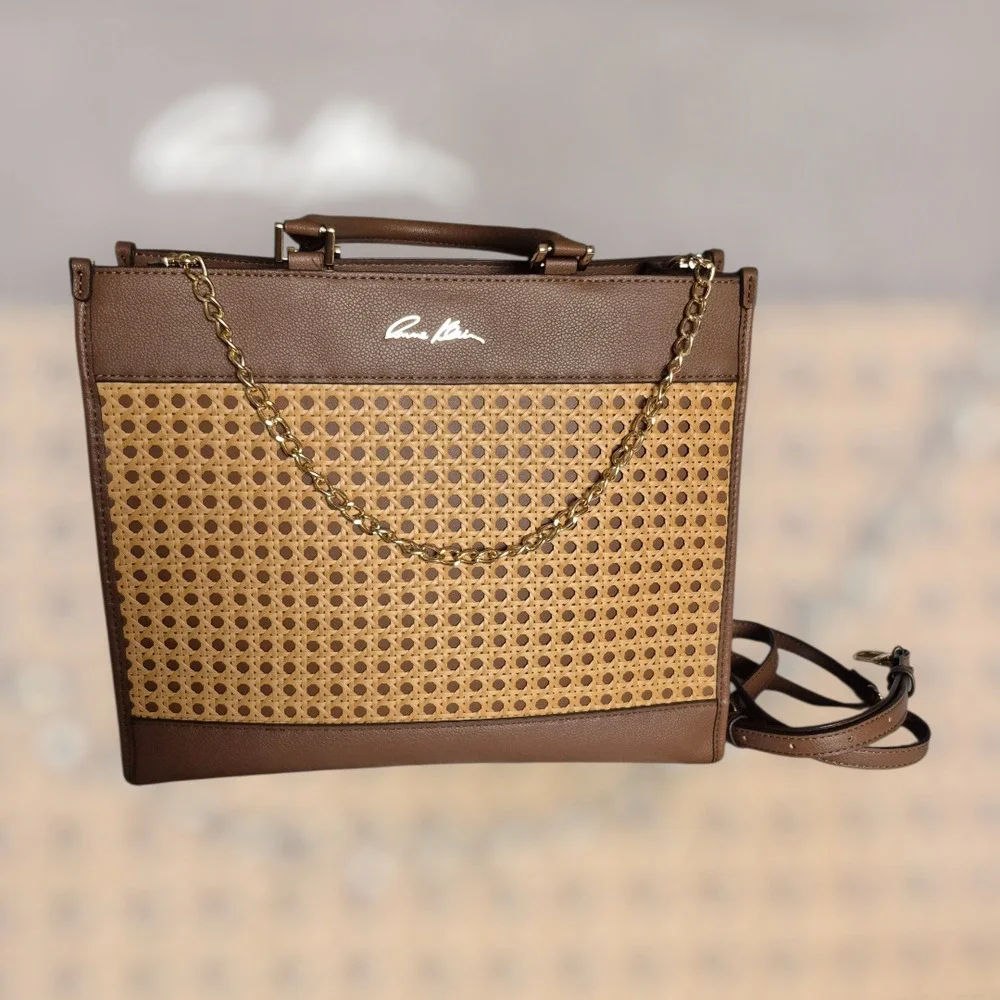 Anne Klein Large Brown Caining Tote Bag Chain Accent Strap Wristlet Chic Stylish